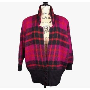 IB Diffusion Fuchsia Plaid Cardigan Sz M Mohair Batwing Sleeve Vtg 80s Punk